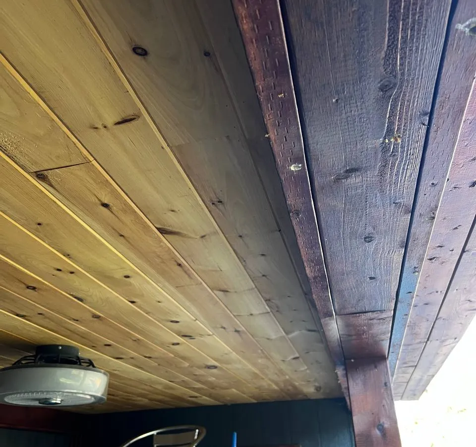 Detailed view of cabana ceiling structure showing mounting points for security shutter installation